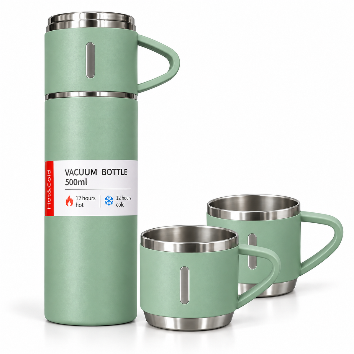 500ml Stainless Steel Vacuum Flask Gift Set with 2 Matching Cups – Green
