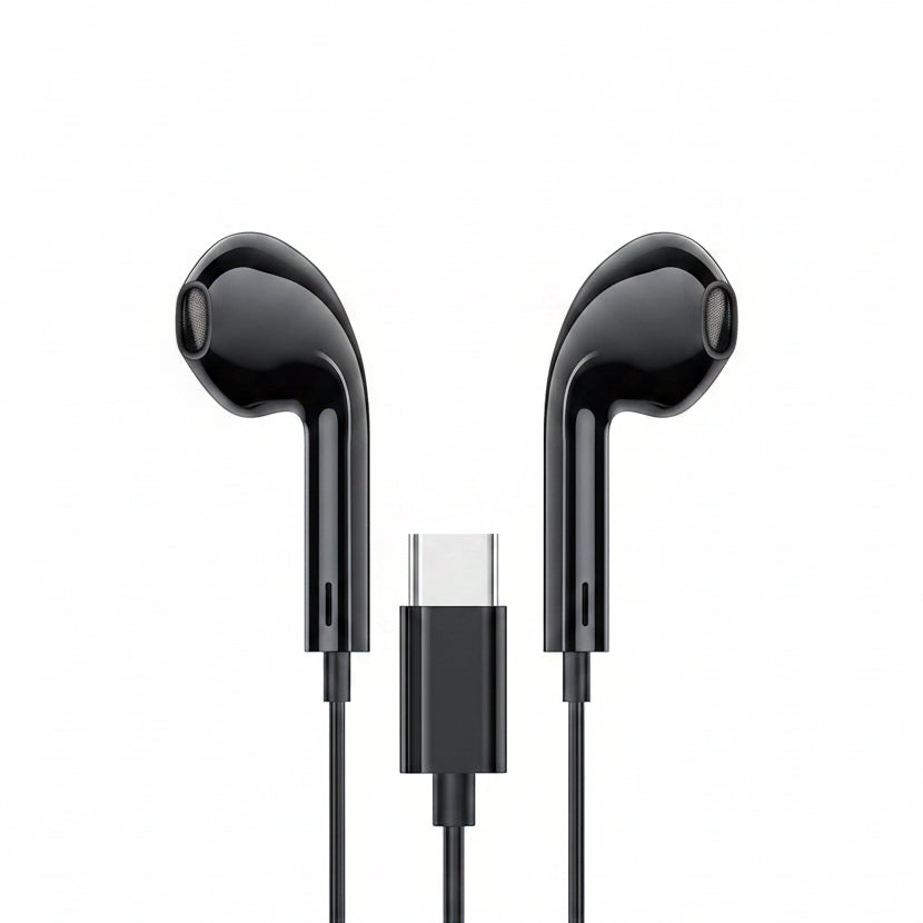 Black wired earbuds with a USB-C connector, shown on a plain white background.