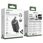 AceFast A111 PD67W GaN charger 2*USB C+USB A with retractable cable